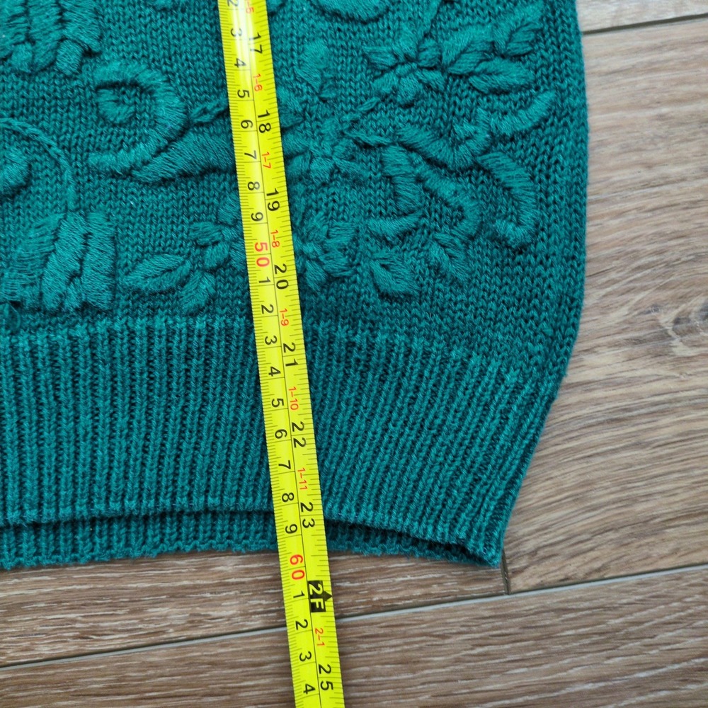 Cape Isle Knitters Floral Embroidered Sweater Teal Green Textured Chunky Cotton - Picture 7 of 8